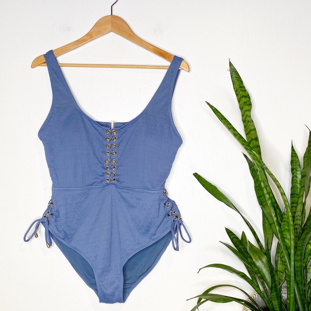 Time & Tru | Textured Lace Up One-piece Swimsuit